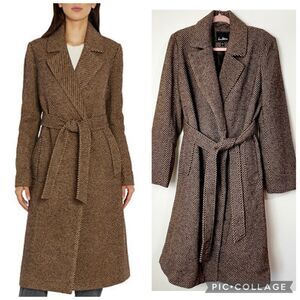 Sam Edelman Wrap Style Striped Tweed Long Coat Brown Tan Belted Women’s L NEW